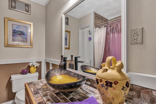 113 Lake Park Dr, Union Hall, VA 24176 - bathroom featuring a shower with curtain, crown molding, toilet, and vanity