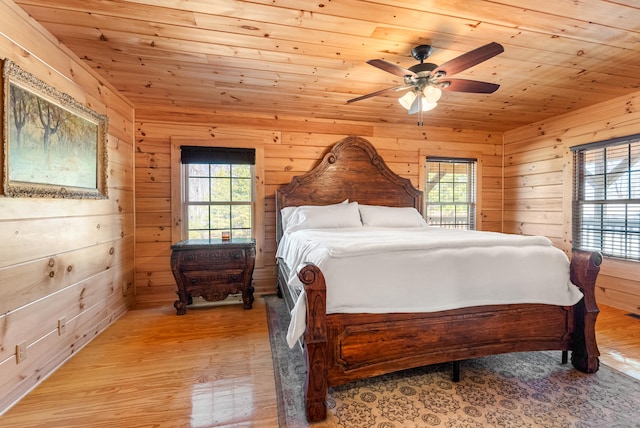 bedroom with light wood-type flooring, wooden walls, and wood ceiling