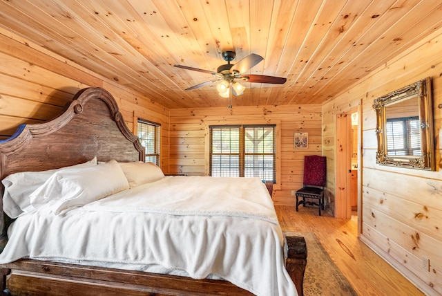 bedroom featuring wood ceiling, multiple windows, and wooden walls