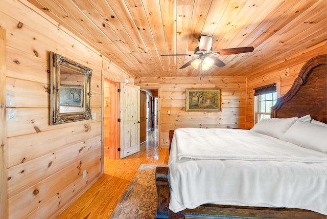 bedroom with light wood finished floors, wood walls, and wood ceiling