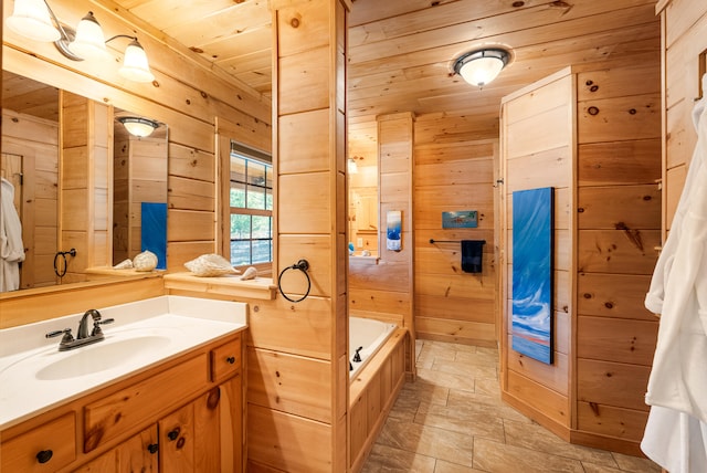full bath with a tub to relax in, wooden walls, wooden ceiling, and vanity