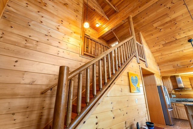 staircase featuring wooden walls and wooden ceiling