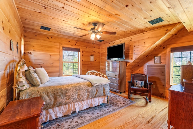 bedroom featuring wood ceiling, wood walls, multiple windows, and light wood-type flooring