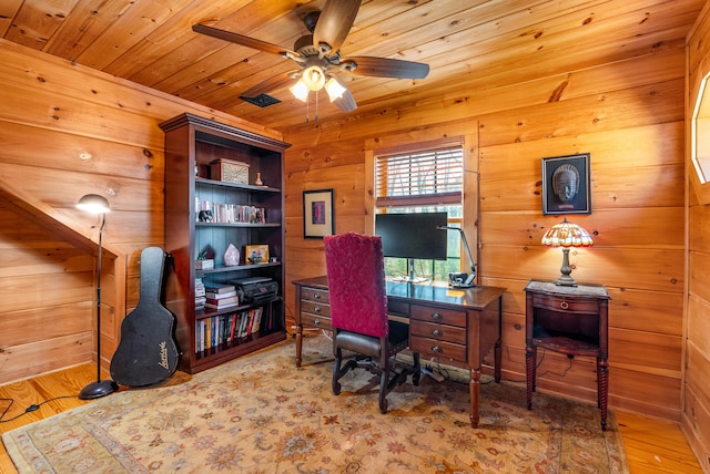 office area with wood finished floors, wood walls, wood ceiling, and a ceiling fan