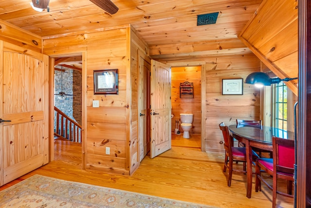 interior space with wooden ceiling, wood walls, and light wood finished floors