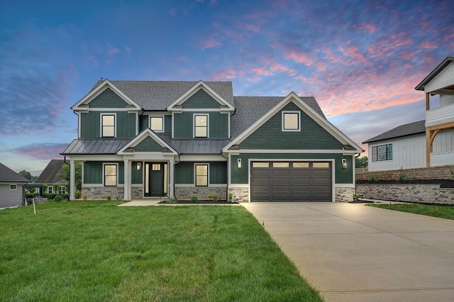 1050 Westerham Ct, Huddleston, VA 24104 - craftsman-style house with concrete driveway, a standing seam roof, stone siding, a lawn, and roof with shingles