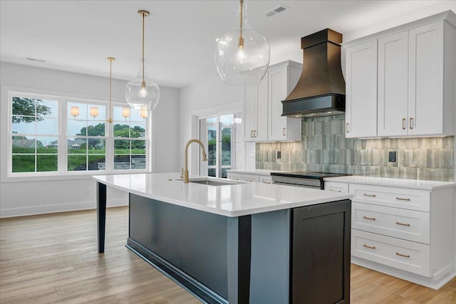 1050 Westerham Ct, Huddleston, VA 24104 - kitchen featuring a sink, custom range hood, light countertops, an island with sink, and plenty of natural light