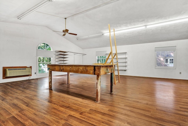 1710 Dawn Ln SW, Roanoke, VA 24018 - interior space with ceiling fan, high vaulted ceiling, a wall mounted AC, and wood finished floors