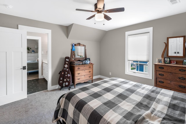 bedroom with visible vents, baseboards, ceiling fan, carpet floors, and lofted ceiling