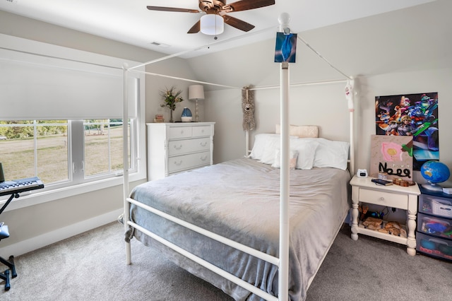 bedroom with ceiling fan, baseboards, visible vents, and carpet floors
