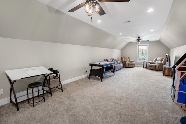 rec room with baseboards, vaulted ceiling, a ceiling fan, visible vents, and carpet