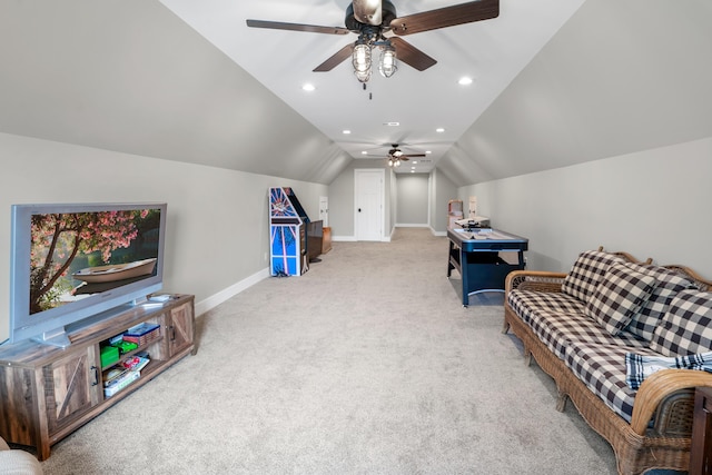 game room with carpet, a ceiling fan, vaulted ceiling, recessed lighting, and baseboards