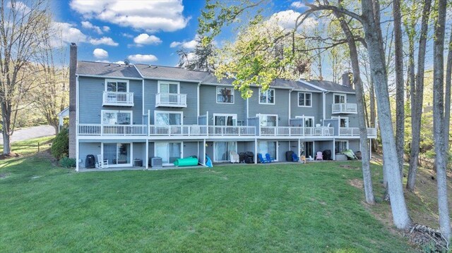 1791 Windlass Rd, Moneta, VA 24121 - back of house with a chimney, a patio, a balcony, and a yard