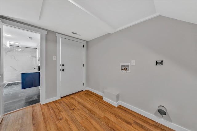 535 Day Ave SW, Roanoke, VA 24016 - laundry room featuring light wood-style floors, electric dryer hookup, visible vents, washer hookup, and baseboards
