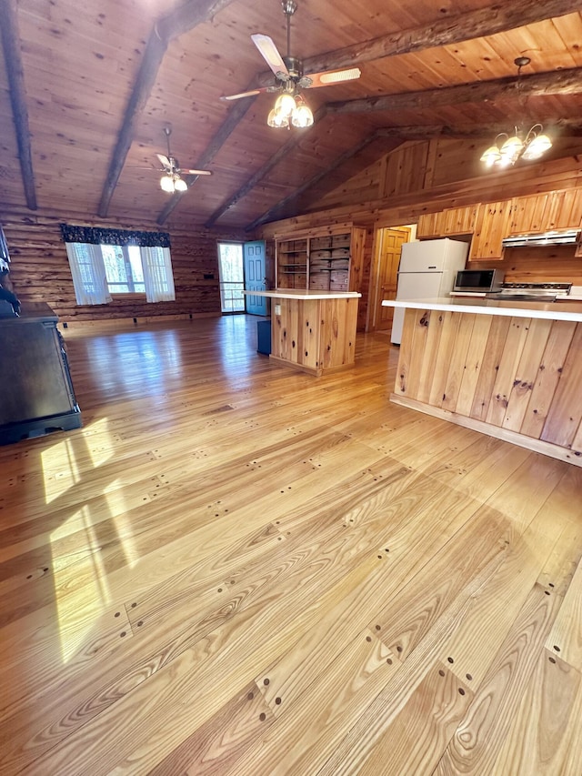 interior space featuring light wood-style flooring, wooden ceiling, wood walls, and lofted ceiling with beams
