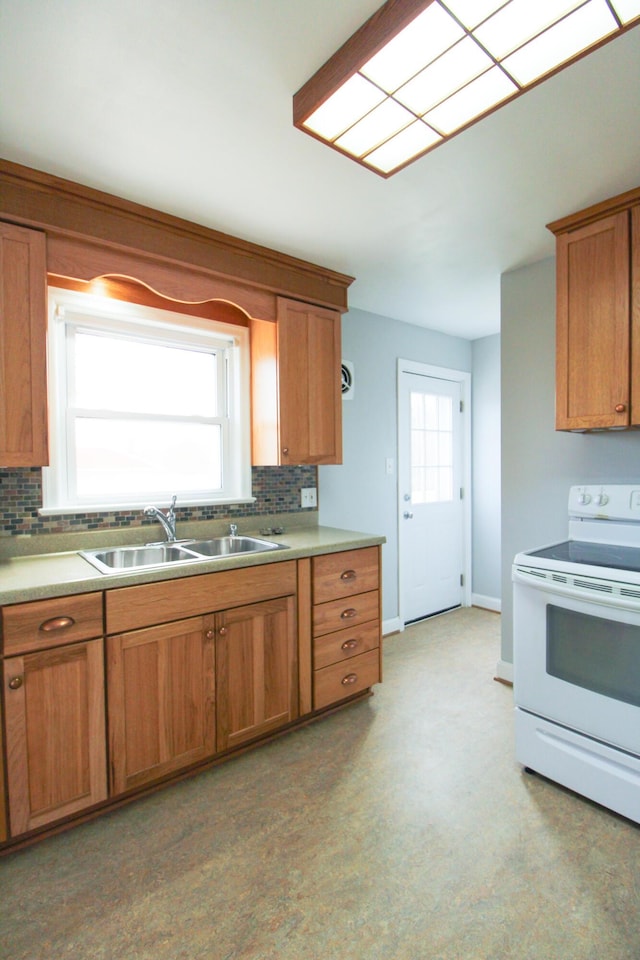2048 Laura Rd NW, Roanoke, VA 24017 - kitchen with brown cabinets, white electric range, decorative backsplash, and a sink