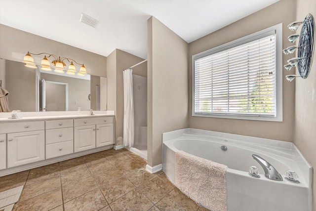 6206 Stone Manor Dr, Roanoke, VA 24018 - full bath with double vanity, a bath, a stall shower, and baseboards