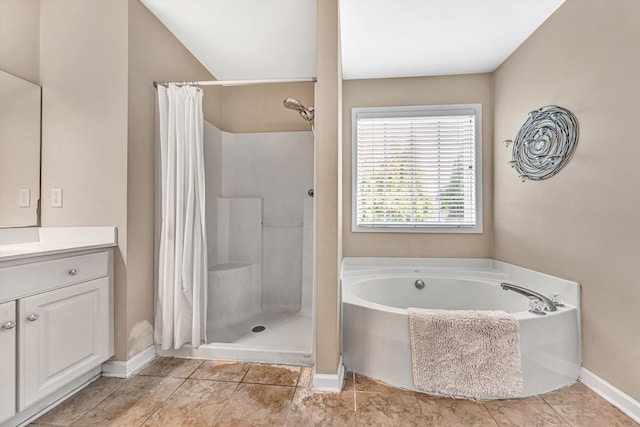6206 Stone Manor Dr, Roanoke, VA 24018 - bathroom with a bath, a stall shower, vanity, baseboards, and tile patterned floors