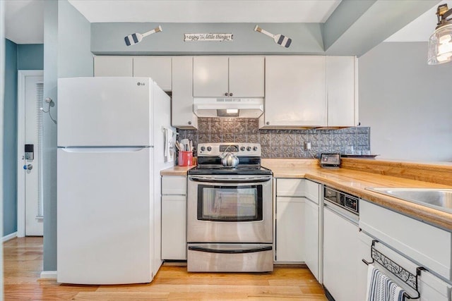 114 Waterside Cir Unit B-6, Moneta, VA 24121 - kitchen featuring white appliances, under cabinet range hood, decorative backsplash, white cabinets, and light countertops