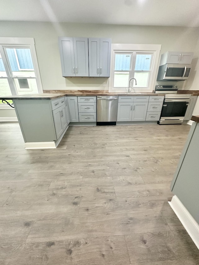 kitchen with a sink, butcher block countertops, light wood-type flooring, a peninsula, and appliances with stainless steel finishes