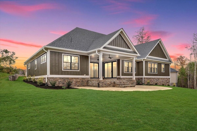 120 Pointe O Woods Dr, Huddleston, VA 24104 - view of front of house with ceiling fan, a front lawn, a patio area, and board and batten siding