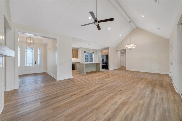 120 Pointe O Woods Dr, Huddleston, VA 24104 - unfurnished living room with light wood finished floors, high vaulted ceiling, beamed ceiling, a chandelier, and a ceiling fan
