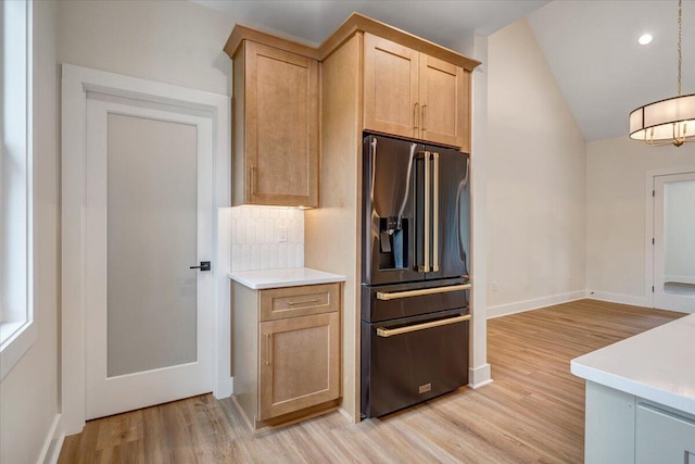 120 Pointe O Woods Dr, Huddleston, VA 24104 - kitchen featuring fridge with ice dispenser, light wood-type flooring, light brown cabinetry, light countertops, and vaulted ceiling