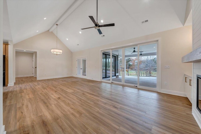 120 Pointe O Woods Dr, Huddleston, VA 24104 - unfurnished living room with ceiling fan, high vaulted ceiling, beam ceiling, a fireplace, and baseboards