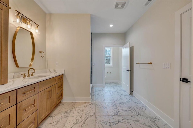 120 Pointe O Woods Dr, Huddleston, VA 24104 - bathroom featuring marble look tile flooring, baseboards, vanity, and recessed lighting