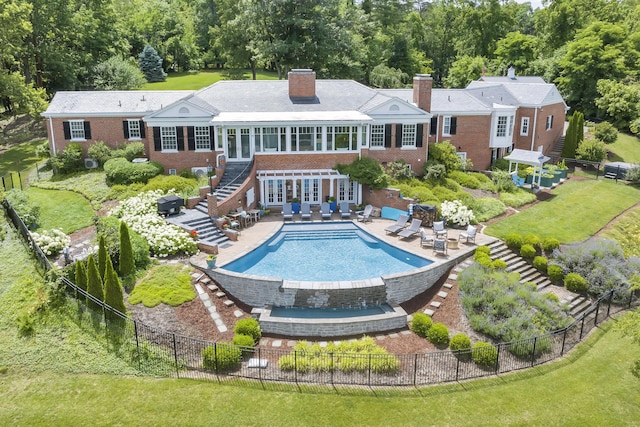 4134 Lake Dr SW, Roanoke, VA 24018 - rear view of property with a chimney, a fenced backyard, a patio area, and stairway