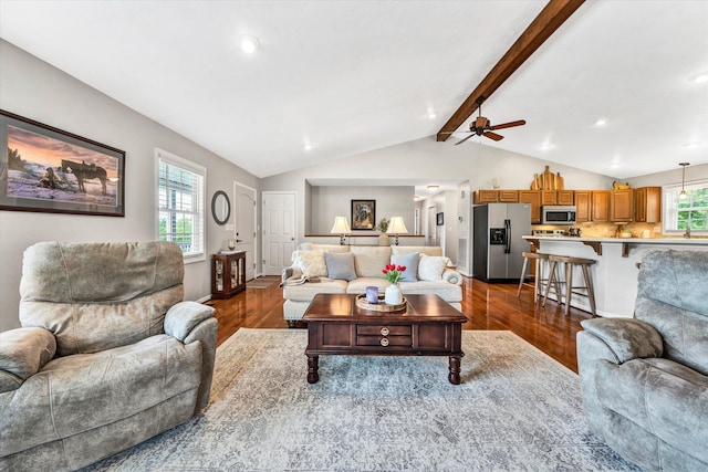 living area featuring dark wood finished floors, vaulted ceiling with beams, ceiling fan, and recessed lighting