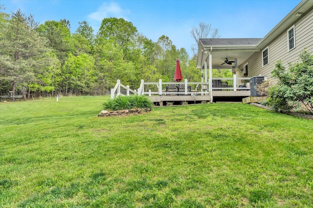 view of yard with ceiling fan and a deck