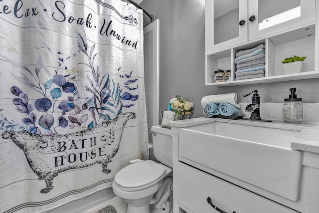 bathroom featuring vanity, a shower with curtain, and toilet