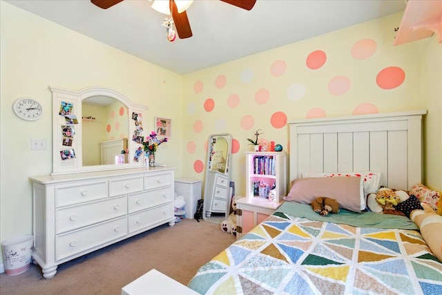 bedroom with ceiling fan and carpet