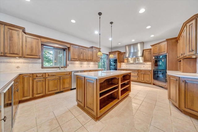 723 Fox Chase Rd, Wirtz, VA 24184 - kitchen featuring wall chimney range hood, stainless steel dishwasher, a sink, brown cabinets, and tasteful backsplash