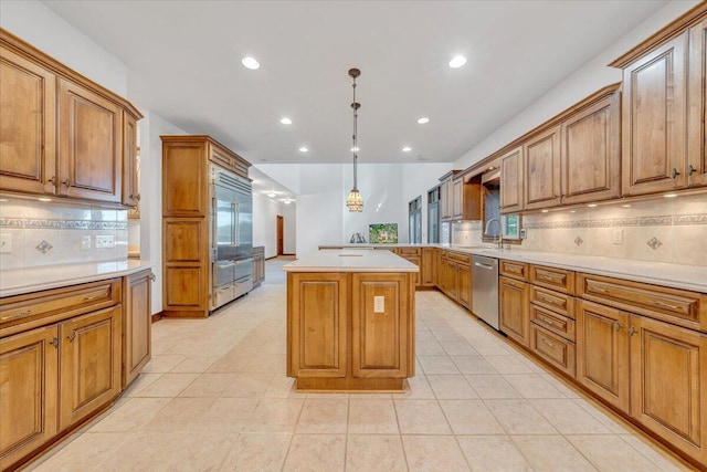 723 Fox Chase Rd, Wirtz, VA 24184 - kitchen featuring appliances with stainless steel finishes, brown cabinets, tasteful backsplash, and recessed lighting