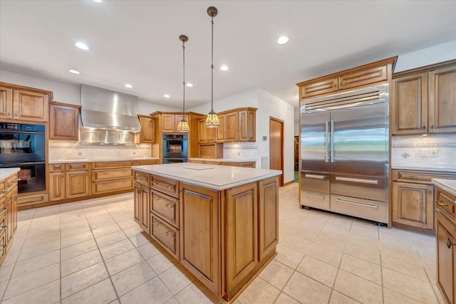 723 Fox Chase Rd, Wirtz, VA 24184 - kitchen featuring built in fridge, wall chimney range hood, decorative backsplash, light tile patterned floors, and recessed lighting