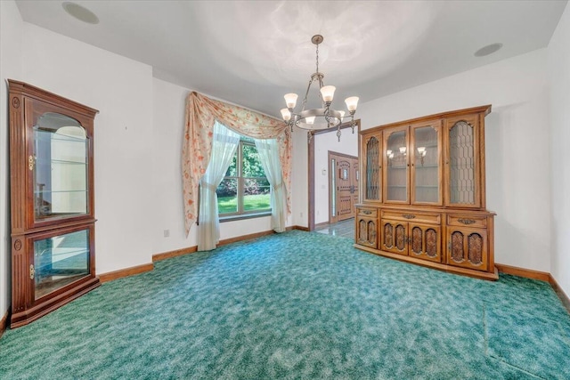 723 Fox Chase Rd, Wirtz, VA 24184 - unfurnished dining area with a chandelier, carpet floors, and baseboards