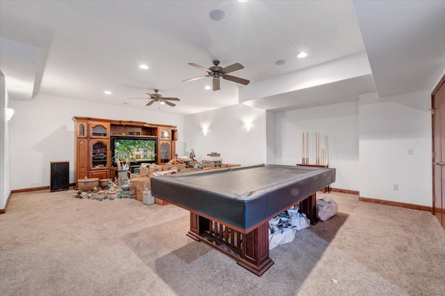 723 Fox Chase Rd, Wirtz, VA 24184 - game room featuring billiards table, light colored carpet, recessed lighting, baseboards, and a ceiling fan