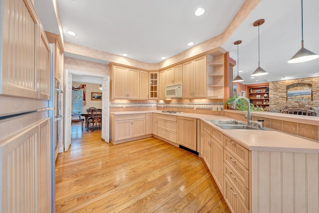 3649 Peakwood Dr SW, Roanoke, VA 24014 - kitchen featuring light brown cabinets, white appliances, light wood finished floors, light countertops, and recessed lighting