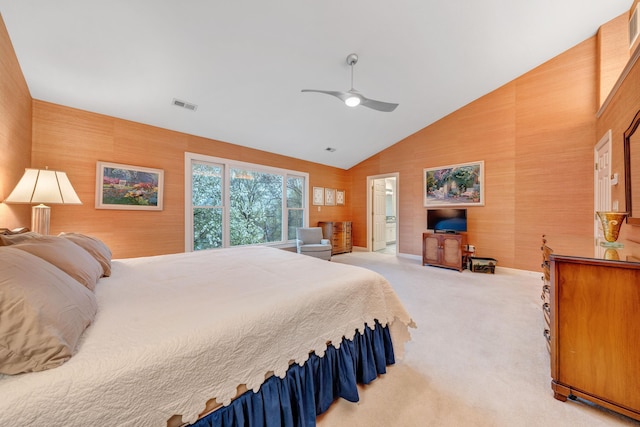 3649 Peakwood Dr SW, Roanoke, VA 24014 - bedroom with light colored carpet, high vaulted ceiling, ceiling fan, and ensuite bath
