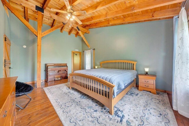 bedroom with wood-type flooring, baseboards, vaulted ceiling with beams, and wooden ceiling
