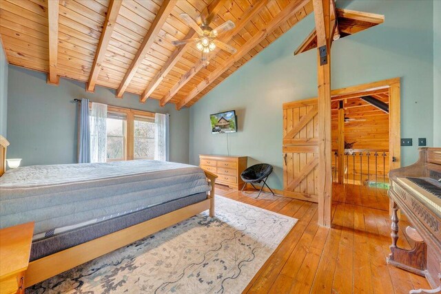 bedroom with hardwood / wood-style flooring, vaulted ceiling with beams, wood ceiling, and ceiling fan