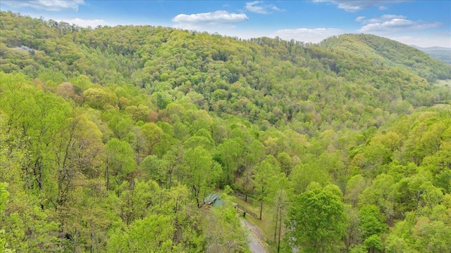 aerial view featuring a mountain view and a wooded view