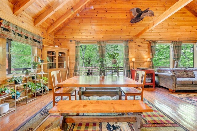dining space with wood ceiling, a wealth of natural light, wood walls, and beam ceiling
