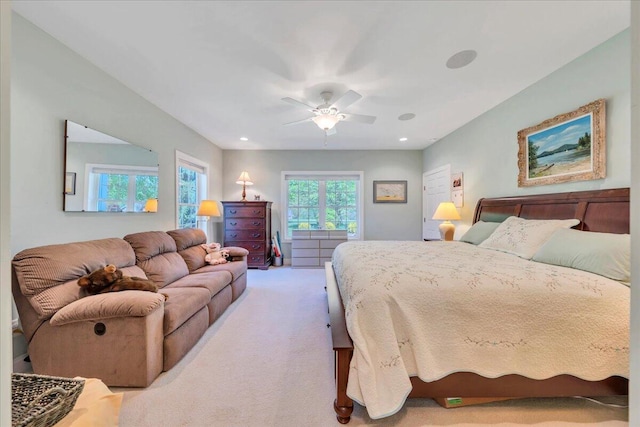 bedroom with recessed lighting, carpet floors, and ceiling fan