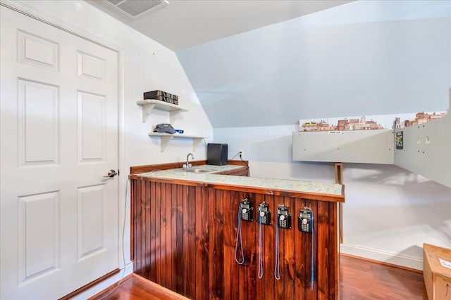 interior space featuring lofted ceiling, wood finished floors, a sink, and visible vents