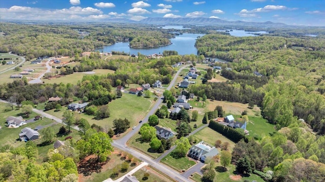 drone / aerial view featuring a forest view and a water view
