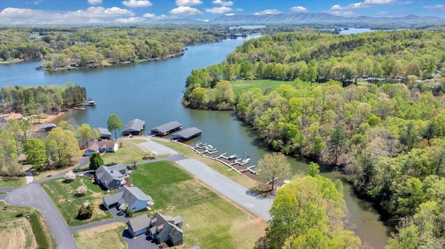 aerial view with a forest view and a water view