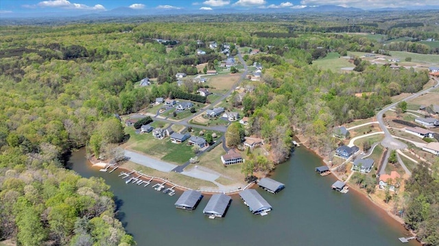 birds eye view of property with a view of trees and a water view